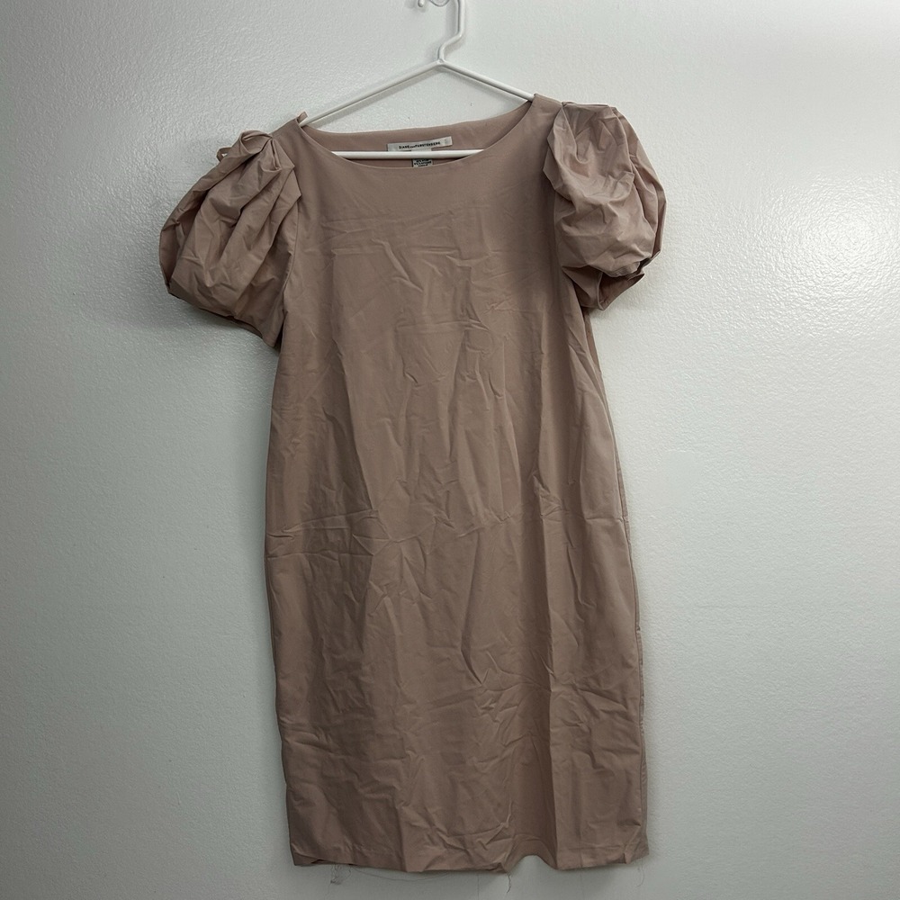 DVF Diane von Furstenberg Lionel Dress Sz 12 Pink Beige Puff Sleeve Shift Hem